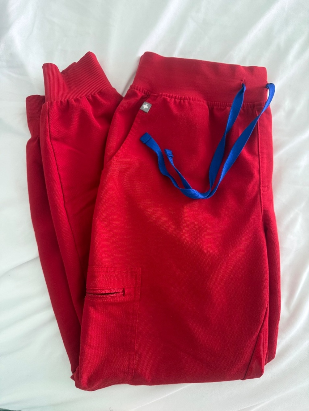 Figs Women's Red Jogger Scrub Pants with Blue Drawstring
